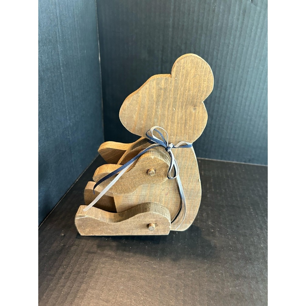 Classic Vintage Dark‎ Wooden Jointed Teddy Bear With Movable Limbs & Blue Bow